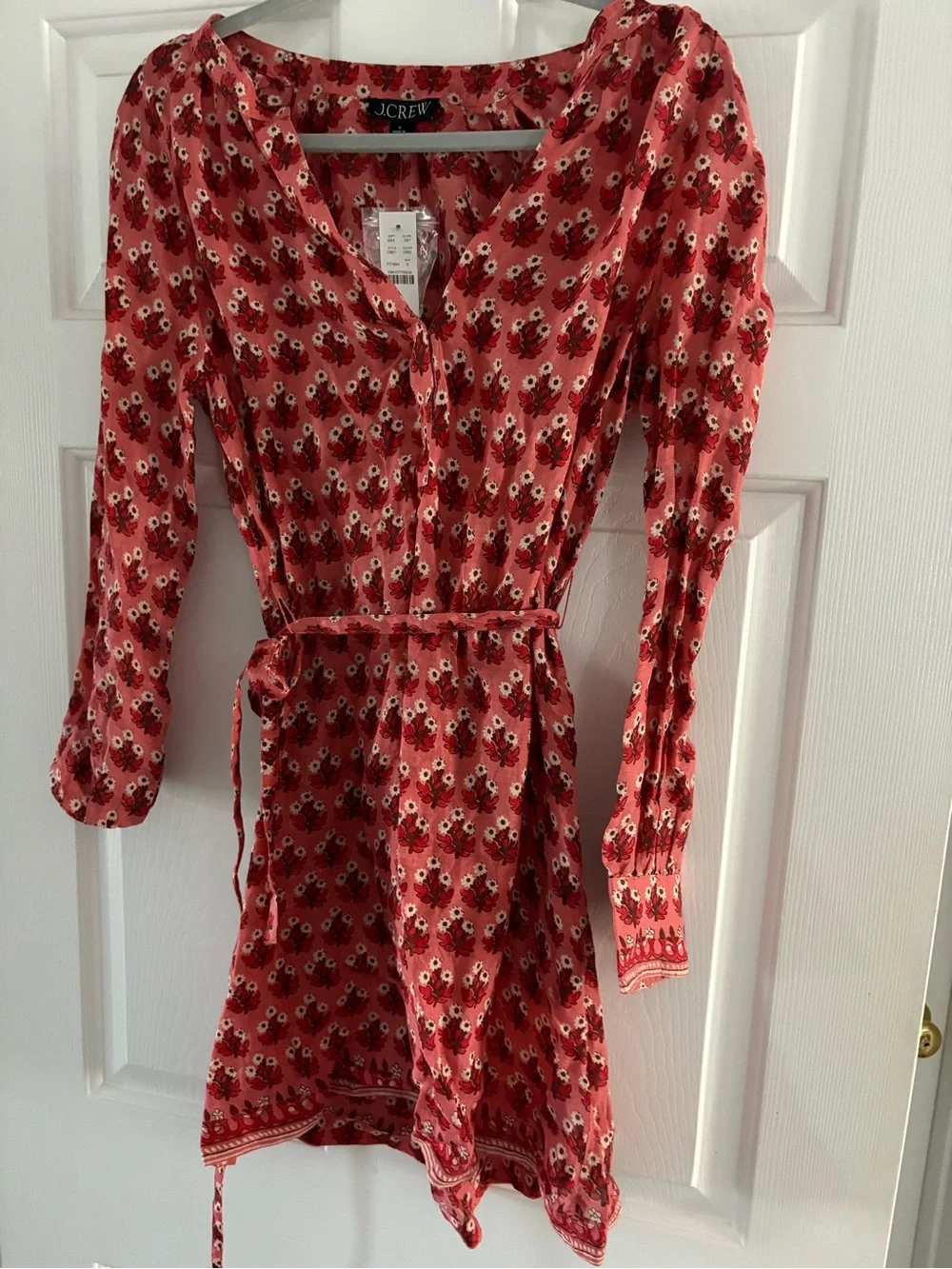 J. Crew Pink Patterned Long-Sleeve V-Neck Wrap Dress